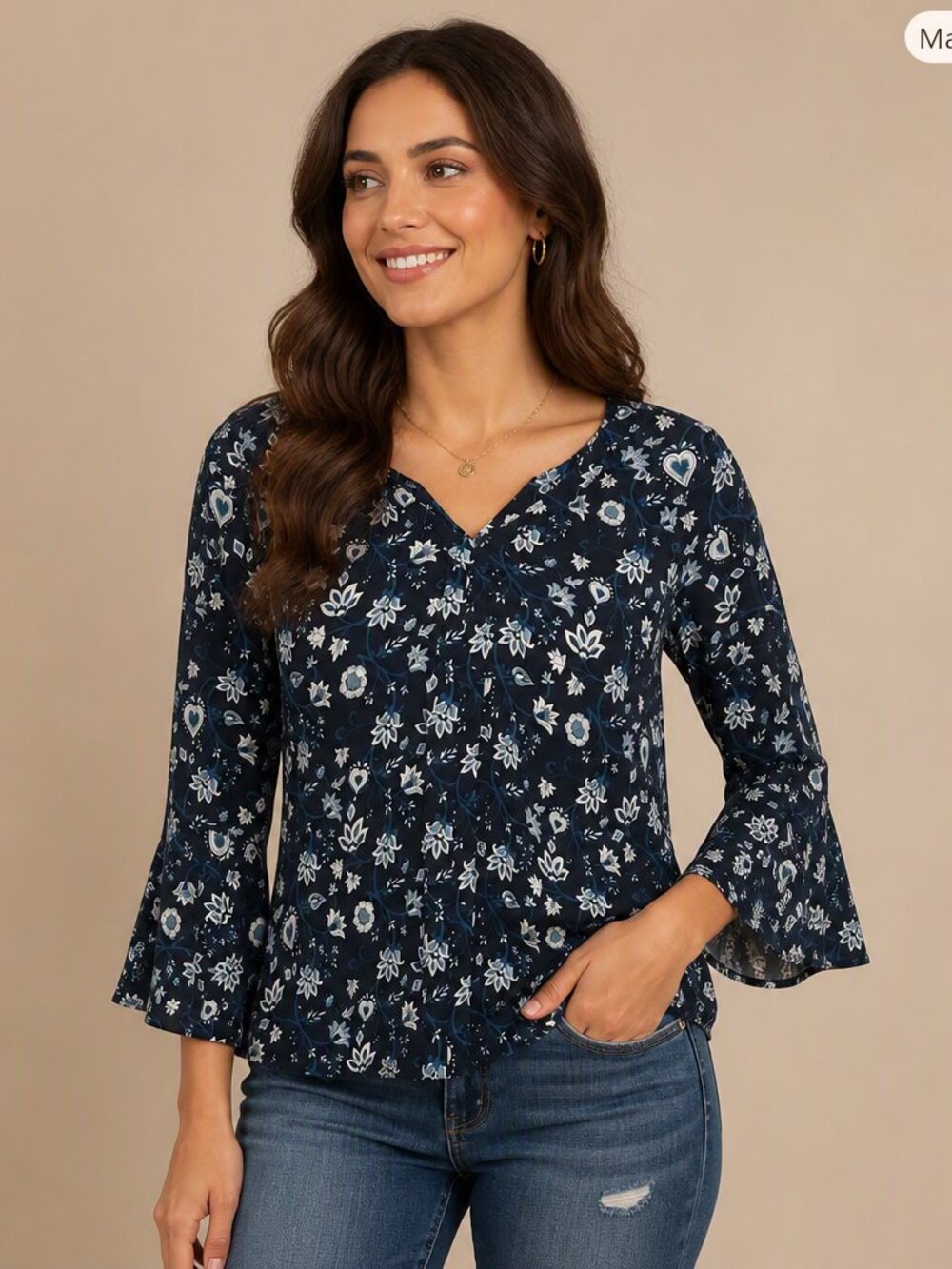 Versona Navy Blue Floral Tiered Bell Sleeve Boho Blouse - Size Small